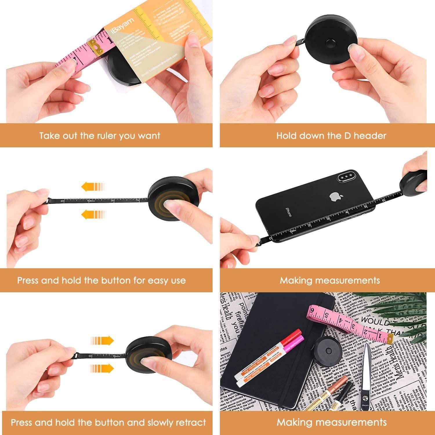 2-Pack: Soft Fashion Pink and Retractable Black Measuring Tape Set