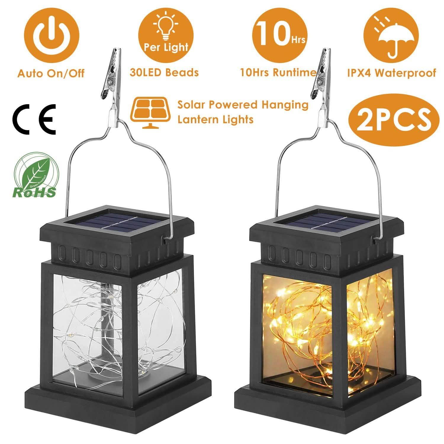 2-Pack: Solar Powered Hanging Lights 30 LED Beads