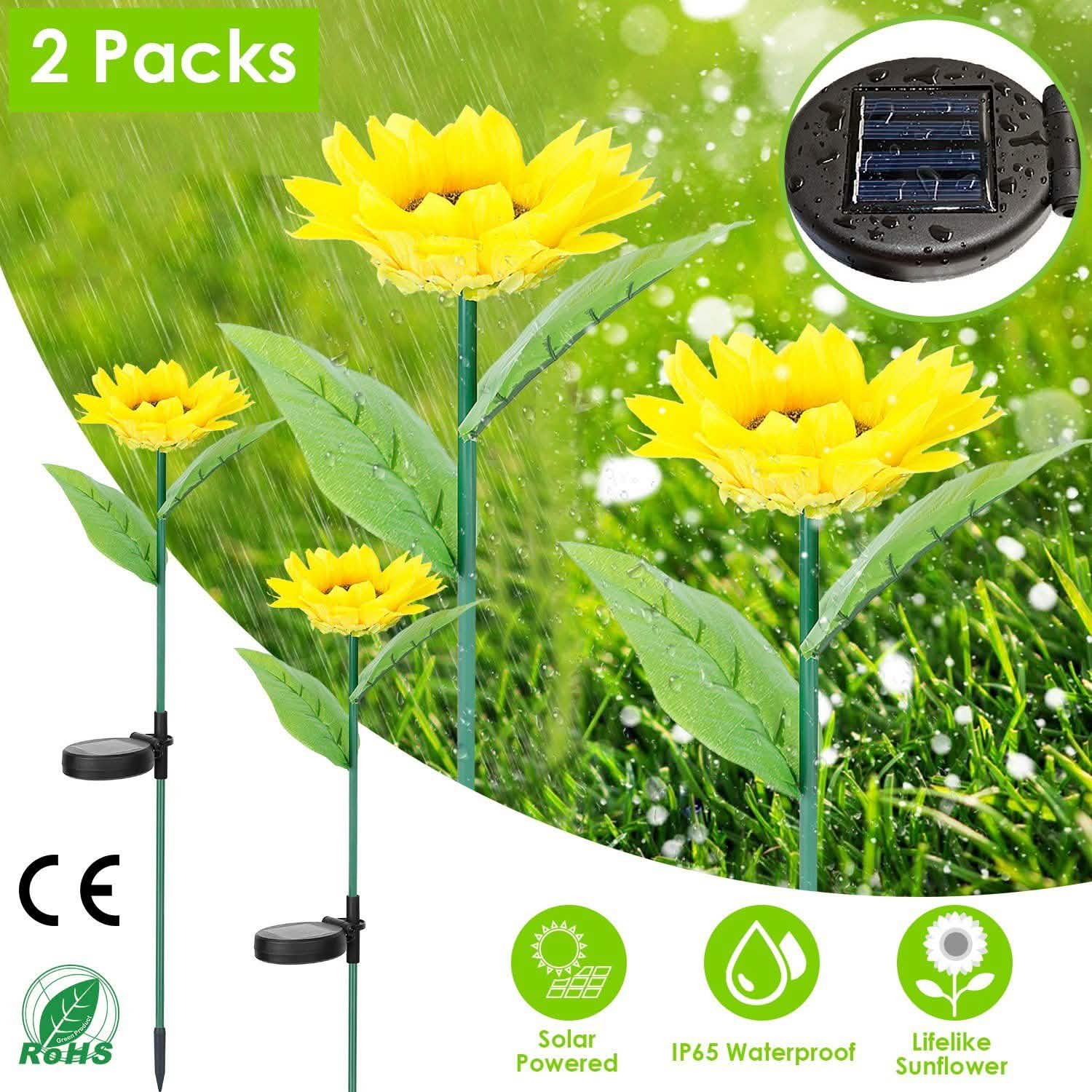 2-Pack: Solar Powered Sunflower Lights LED Decorative Stake Lamp