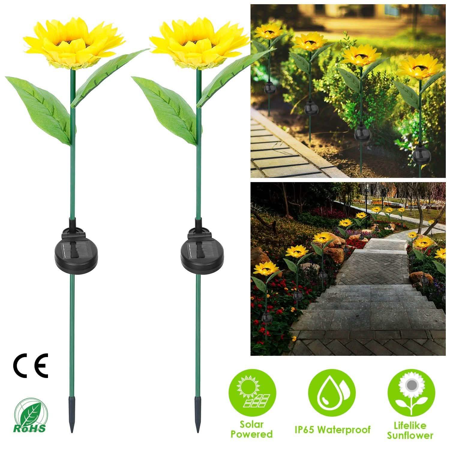 2-Pack: Solar Powered Sunflower Lights LED Decorative Stake Lamp