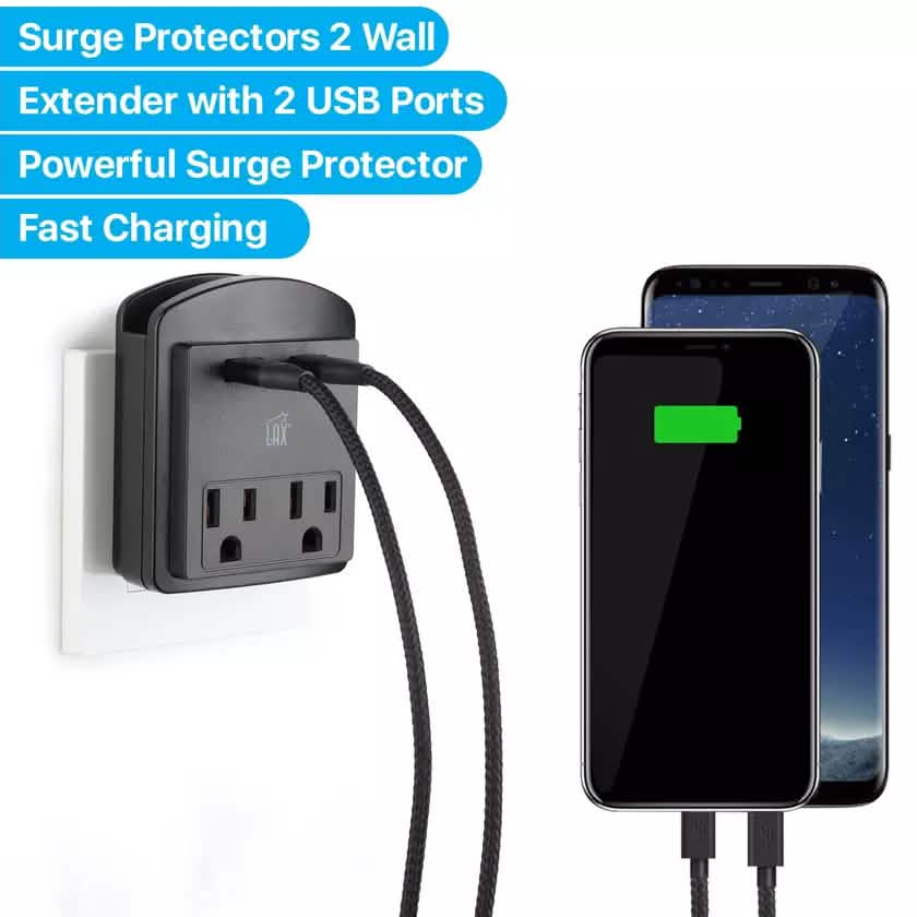 2-Pack: Surge Protector 2 Wall Outlets and 2 USB Ports