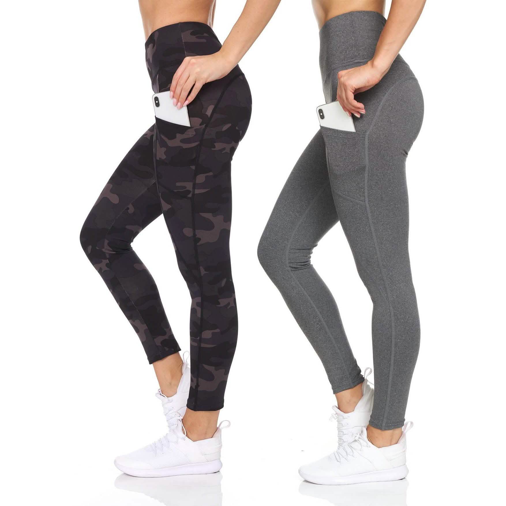 2-Pack: Women's High Waist Active Full Length Leggings with Camo and Solid Print