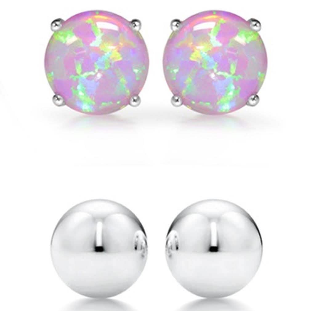2-Pairs: Pink Opal Stud and Sterling Silver Ball Stud Set