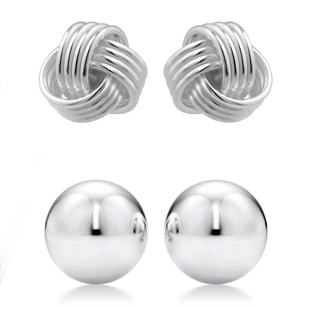 2-Pairs: Sterling Silver Love Knot and Ball Stud Earring Set