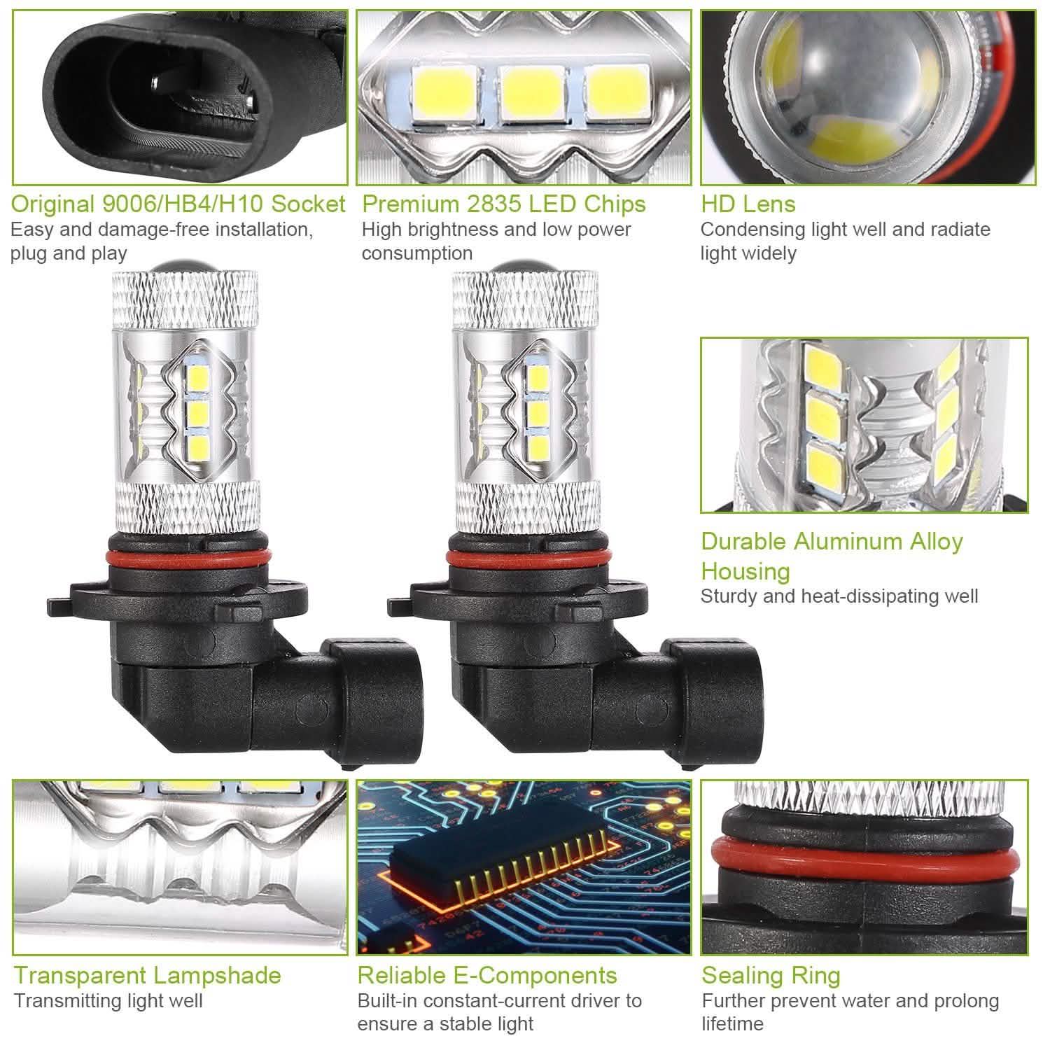 2-Piece: 980LM 80W 9006 HB4 LED Fog DRL Light Bulb