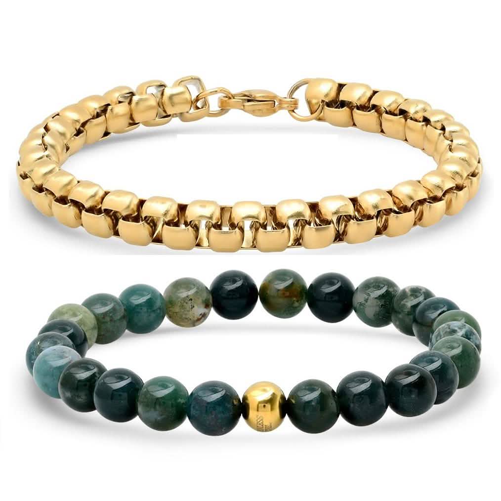 2-Piece: Green Agate Beaded and 18k Gold Plated Box Link Bracelet Set