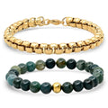 2-Piece: Green Agate Beaded and 18k Gold Plated Box Link Bracelet Set