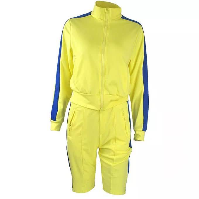 2-Piece: Lapel Neck Zipper Color Matching Long Sleeve Fleece Sport Casual Shorts