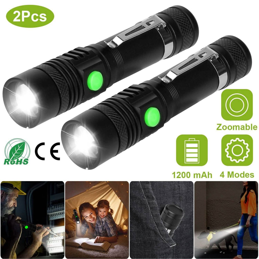 2-Piece: LED Handheld Flashlight Zoomable USB Rechargable