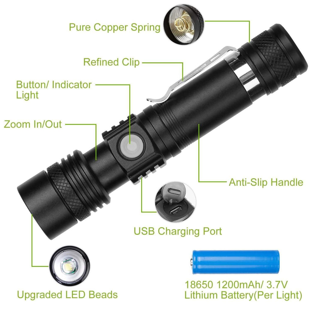 2-Piece: LED Handheld Flashlight Zoomable USB Rechargable