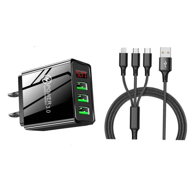 2-Piece Set: 3-Port LED Display High Speed Wall Charger Black + 3-in-1 Cable