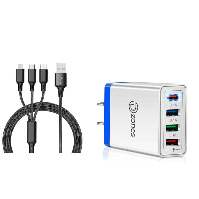 2-Piece Set: 4-Port High Speed Wall Charger + 3-in-1 Cable Combo
