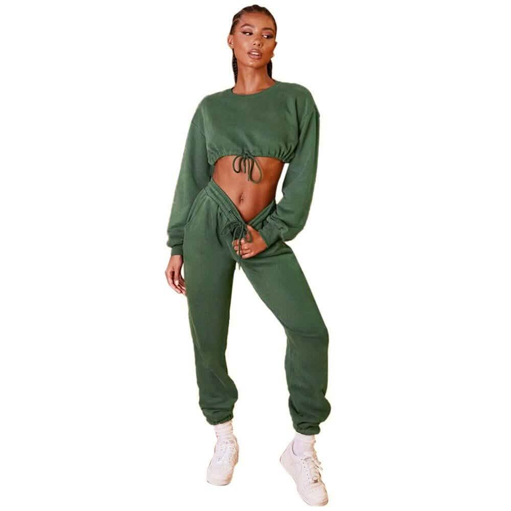 2-Piece Set: Drawstring Short Top Hooded Tops Sweatshirt Pants Set