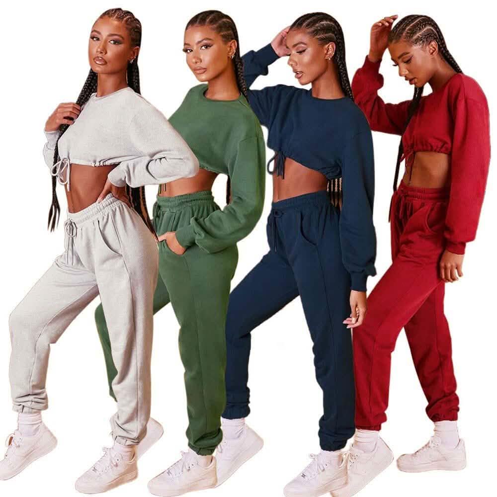 2-Piece Set: Drawstring Short Top Hooded Tops Sweatshirt Pants Set