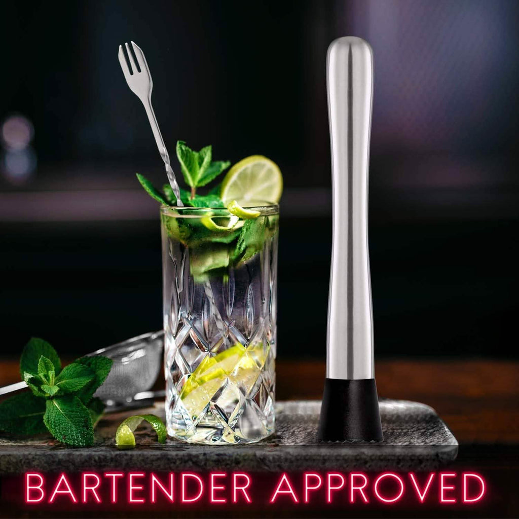 2-Piece Set: Hiware 10 Inch Stainless Steel Cocktail Muddler and Mixing Spoon Home Bar Tool Set