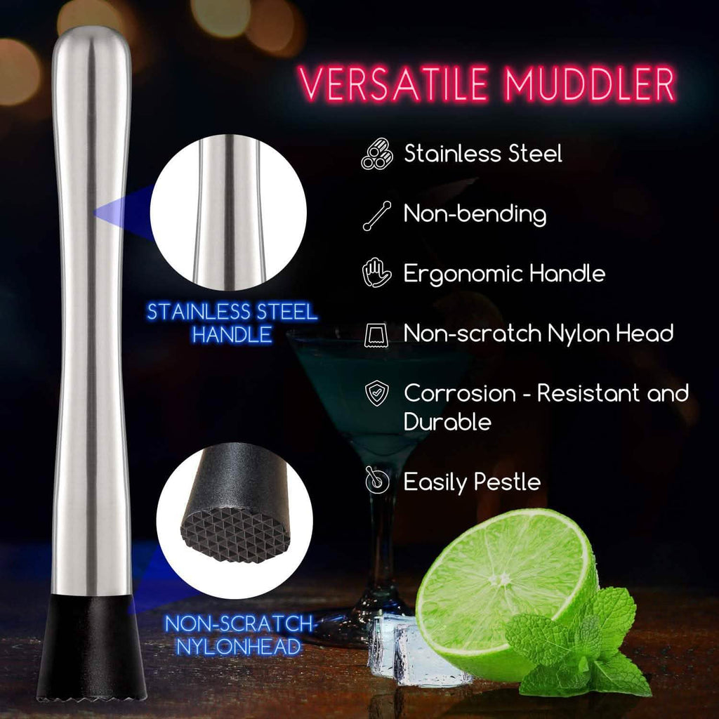 2-Piece Set: Hiware 10 Inch Stainless Steel Cocktail Muddler and Mixing Spoon Home Bar Tool Set