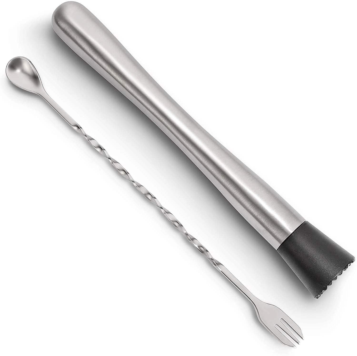 2-Piece Set: Hiware 10 Inch Stainless Steel Cocktail Muddler and Mixing Spoon Home Bar Tool Set