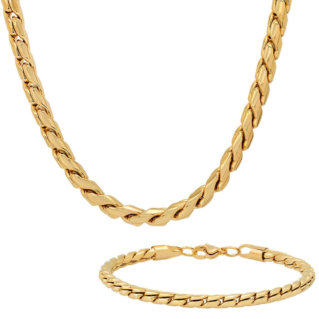 2-Piece Set: Men's 18k Gold Plated Stainless Steel Round Twisted Fancy Link Necklace & Bracelet