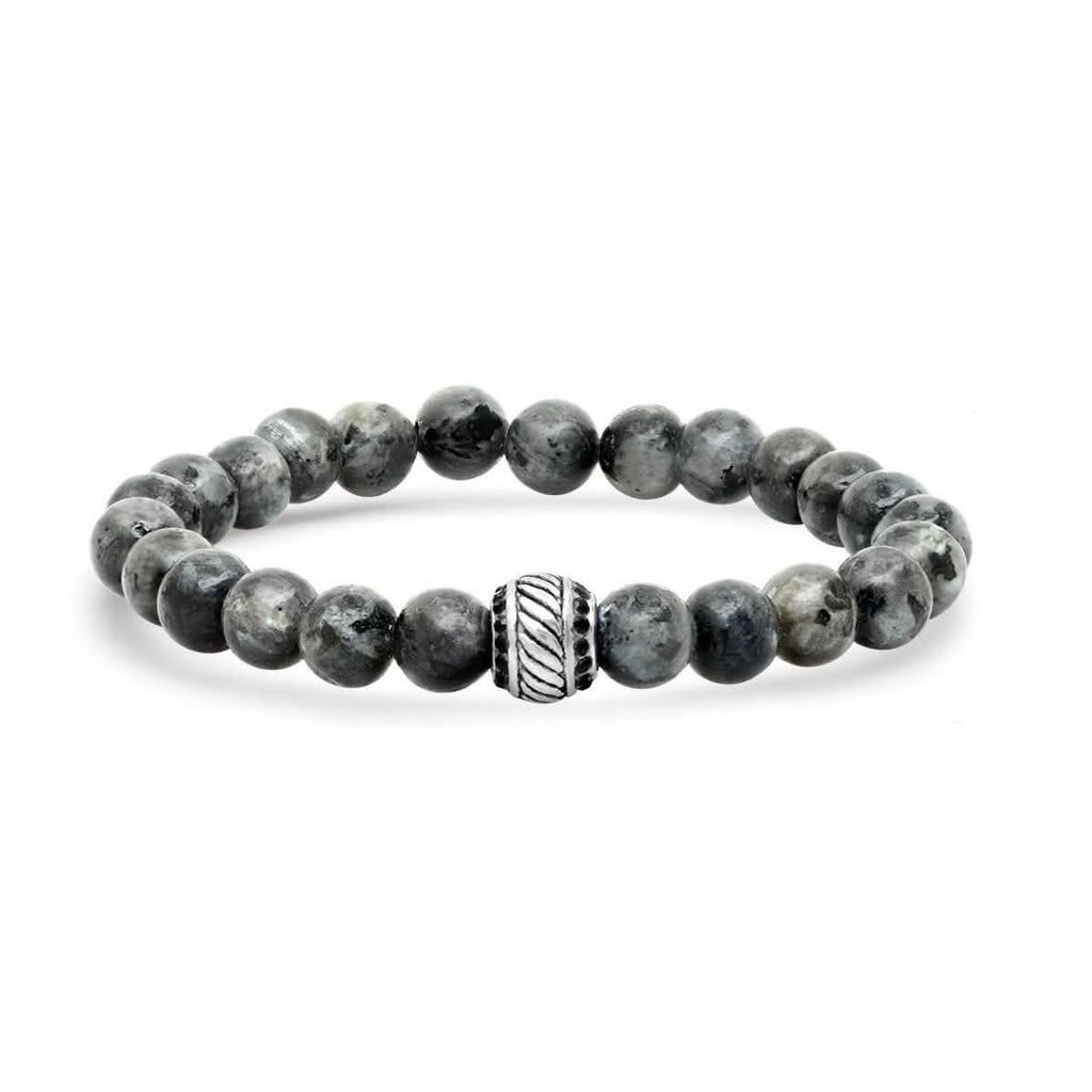 2-Piece Set: Men's Black Leather/Stainless Steel and Gray Agate Bracelets