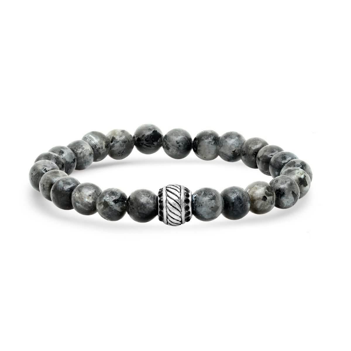 2-Piece Set: Men's Black Leather/Stainless Steel and Gray Agate Bracelets