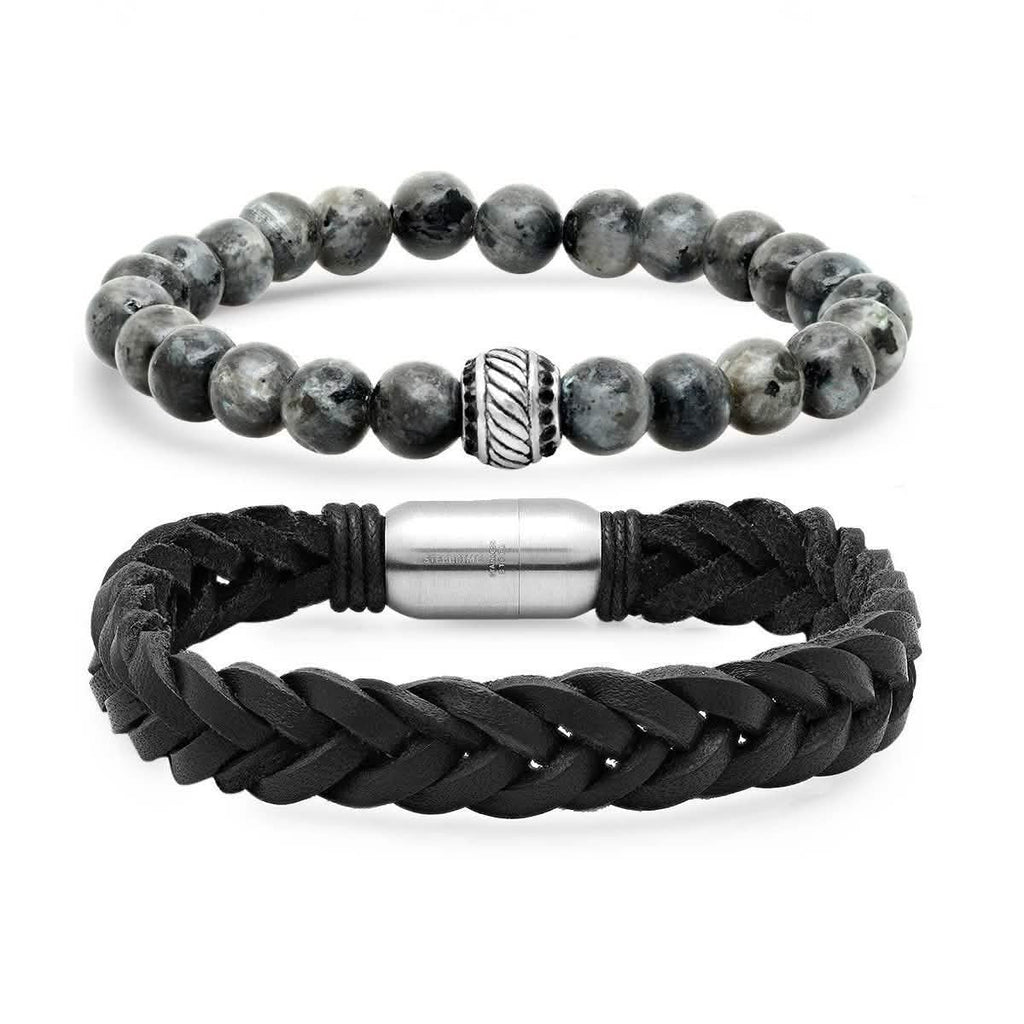 2-Piece Set: Men's Black Leather/Stainless Steel and Gray Agate Bracelets