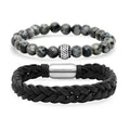 2-Piece Set: Men's Black Leather/Stainless Steel and Gray Agate Bracelets