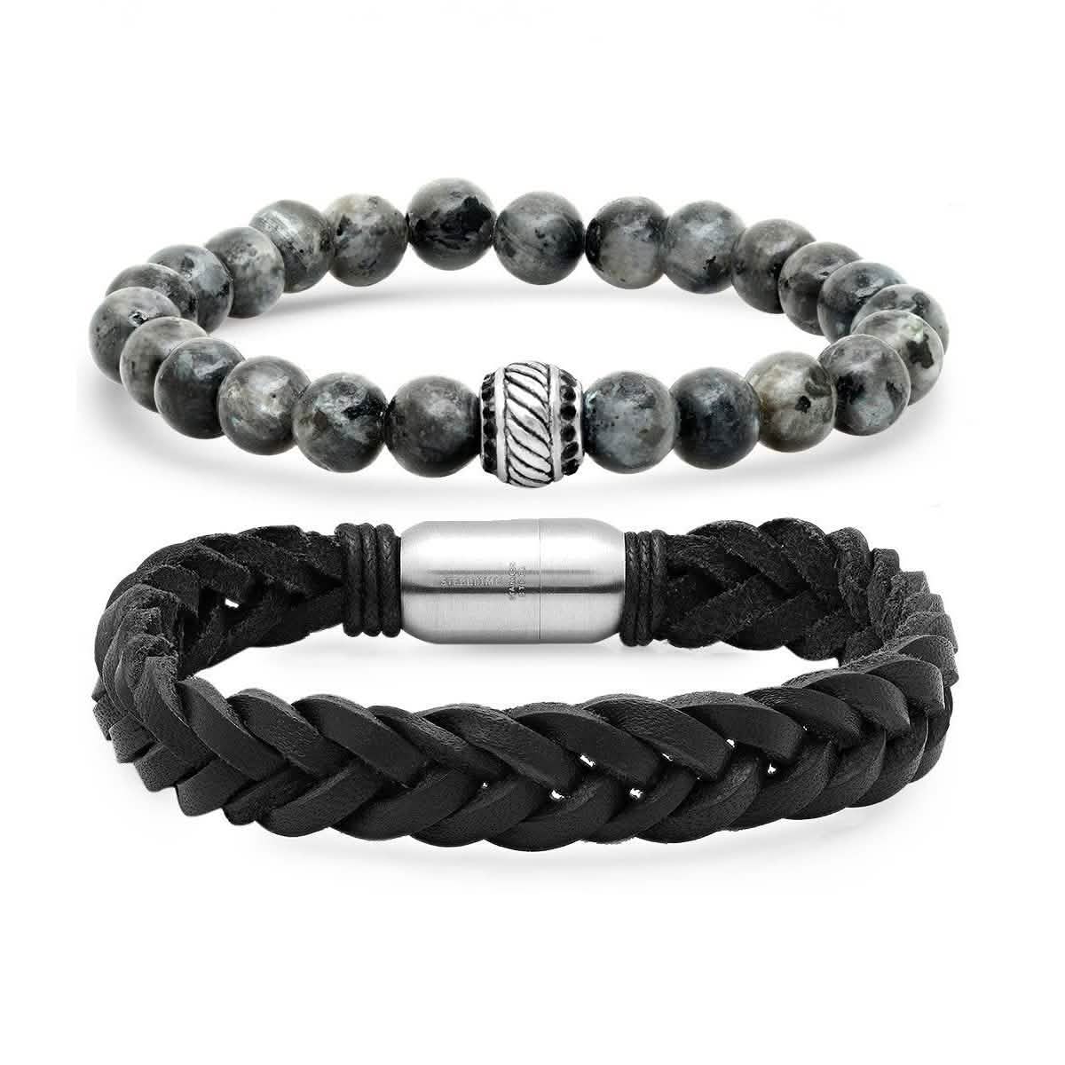 2-Piece Set: Men's Black Leather/Stainless Steel and Gray Agate Bracelets