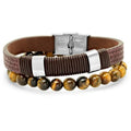 2-Piece Set: Men's Brown Leather, Stainless Steel and Tiger Eye Beaded Bracelets