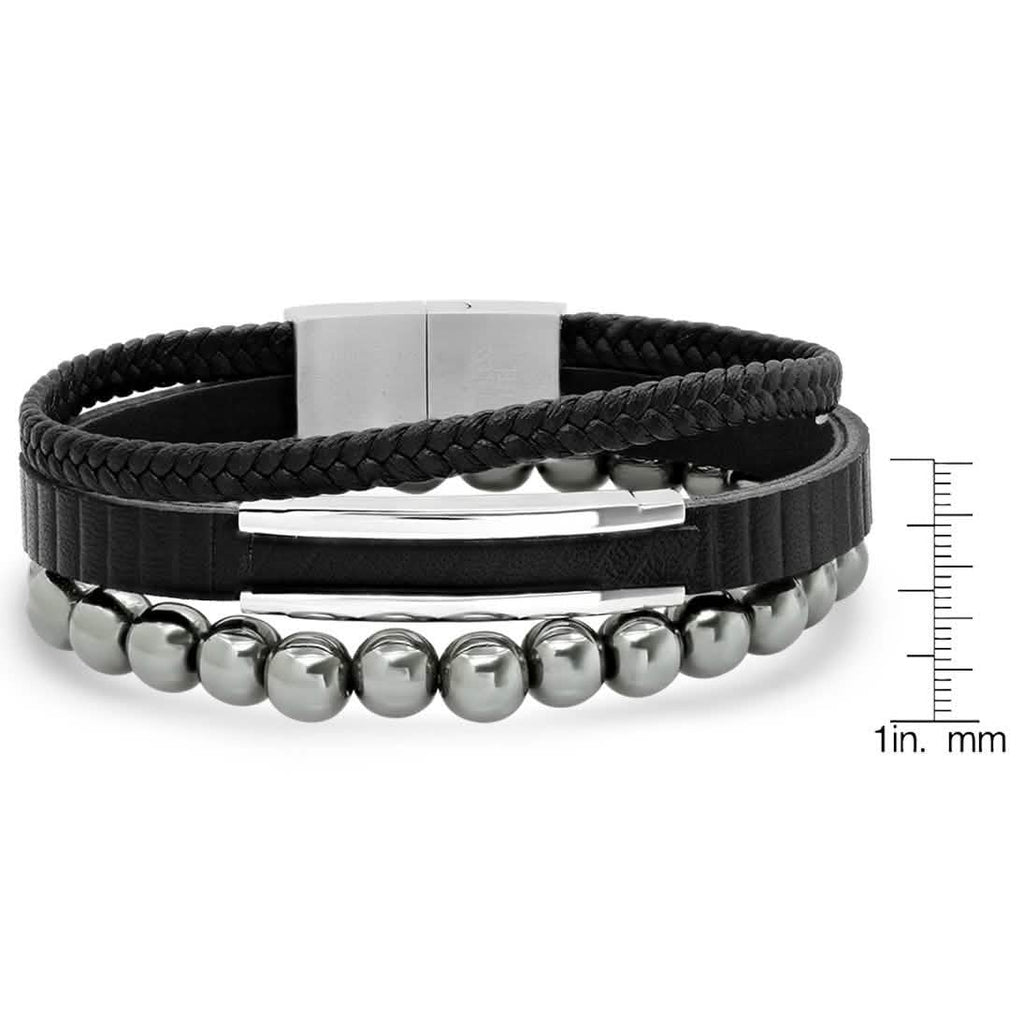 2-Piece Set: Men's Layered Black Leather, Stainless Steel and Hematite Beads Bracelet