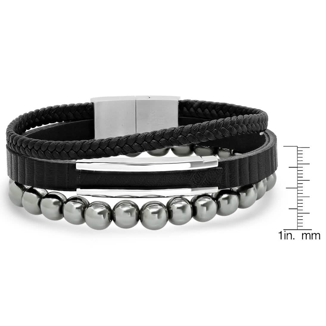 2-Piece Set: Men's Layered Black Leather, Stainless Steel and Hematite Beads Bracelet