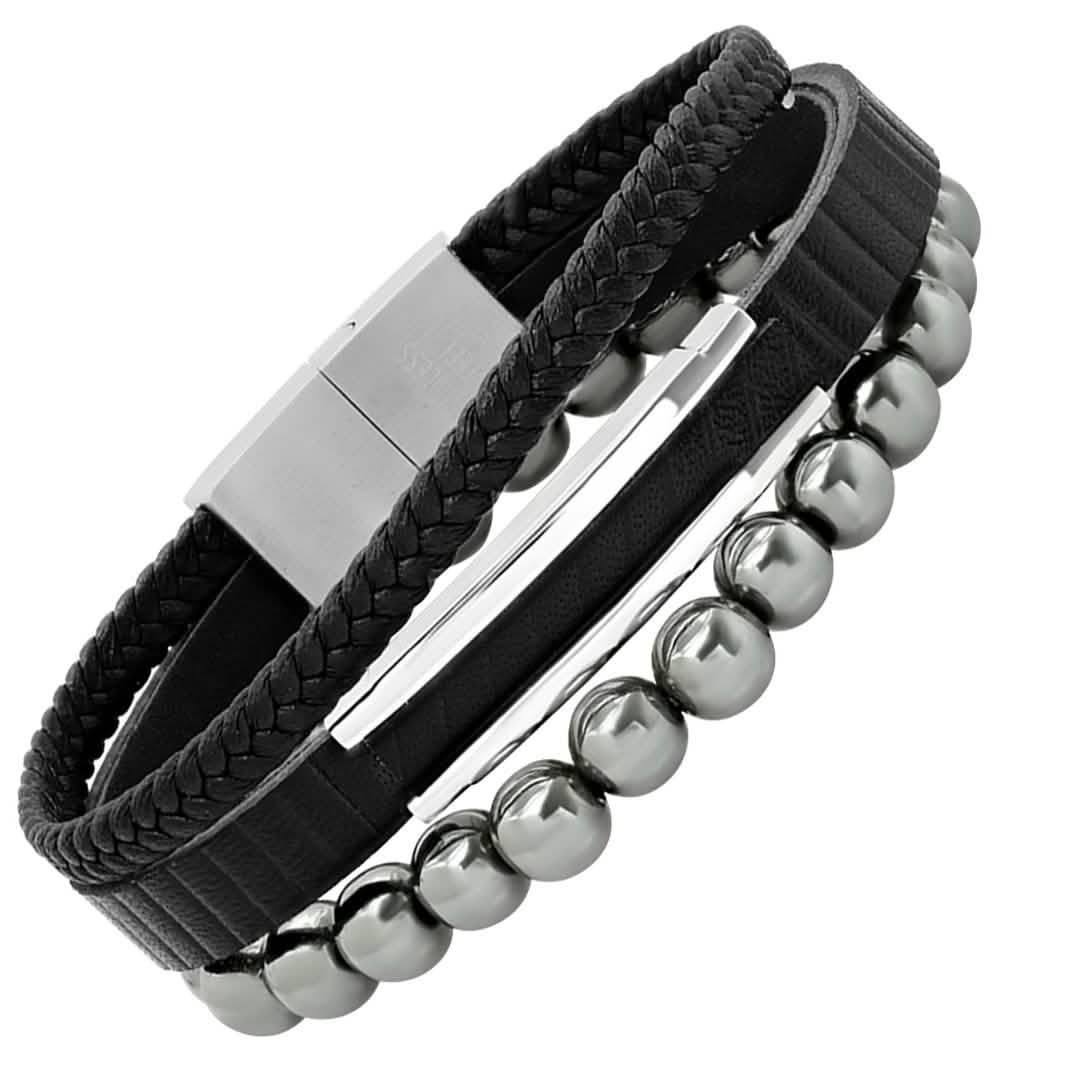 2-Piece Set: Men's Layered Black Leather, Stainless Steel and Hematite Beads Bracelet