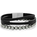 2-Piece Set: Men's Layered Black Leather, Stainless Steel and Hematite Beads Bracelet