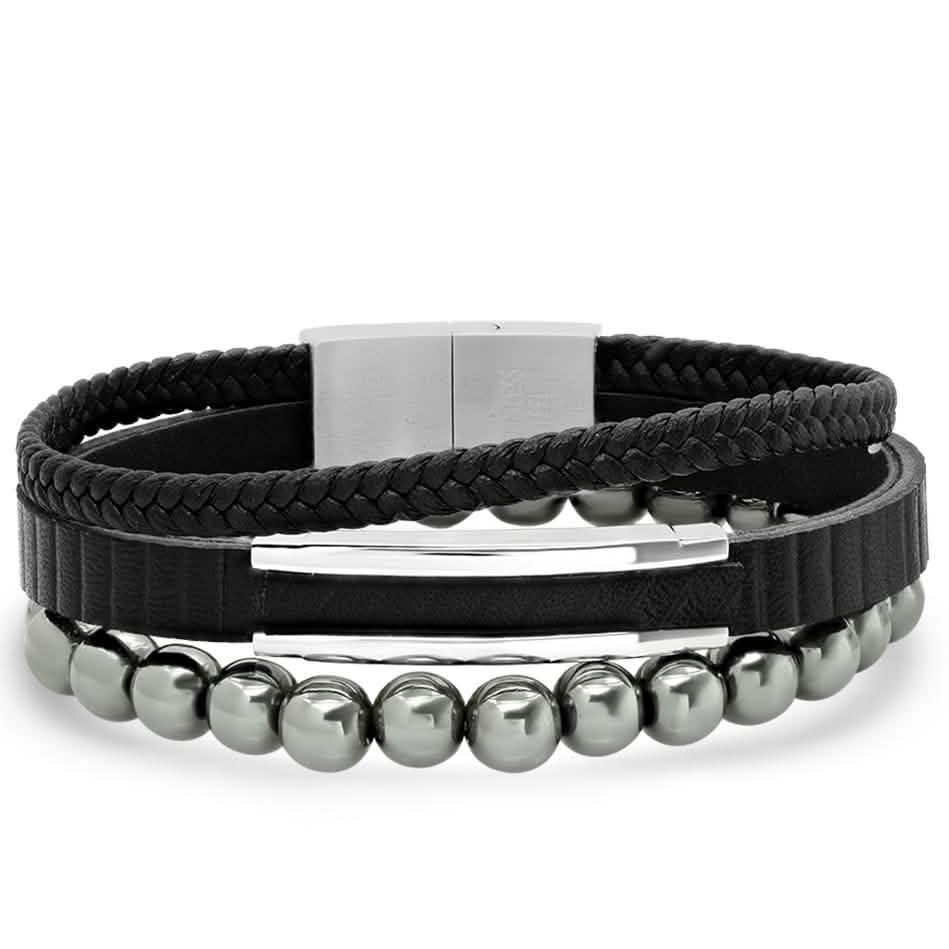 2-Piece Set: Men's Layered Black Leather, Stainless Steel and Hematite Beads Bracelet