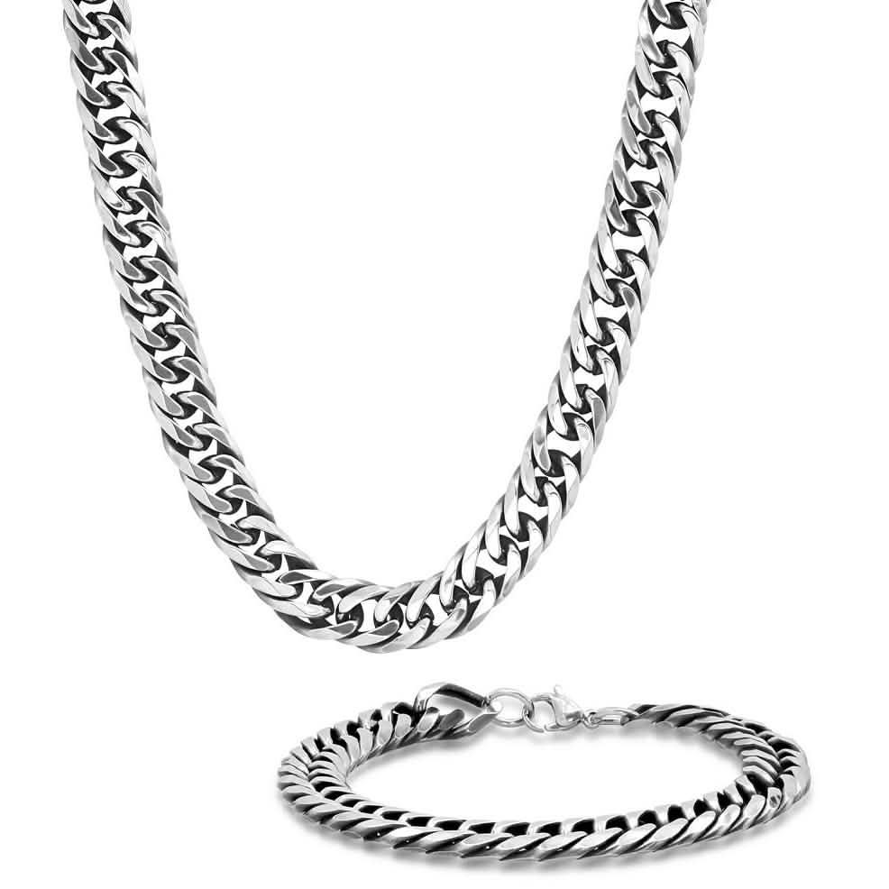 2-Piece Set: Men's Stainless Steel Cuban Link Chain Bracelet and Necklace