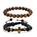 2-Piece Set: Men's Tiger Eye and Black Beads/Tiger Eye Cross Drawstring Bracelets