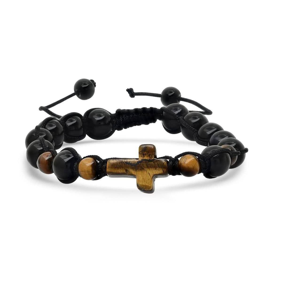 2-Piece Set: Men's Tiger Eye and Black Beads/Tiger Eye Cross Drawstring Bracelets