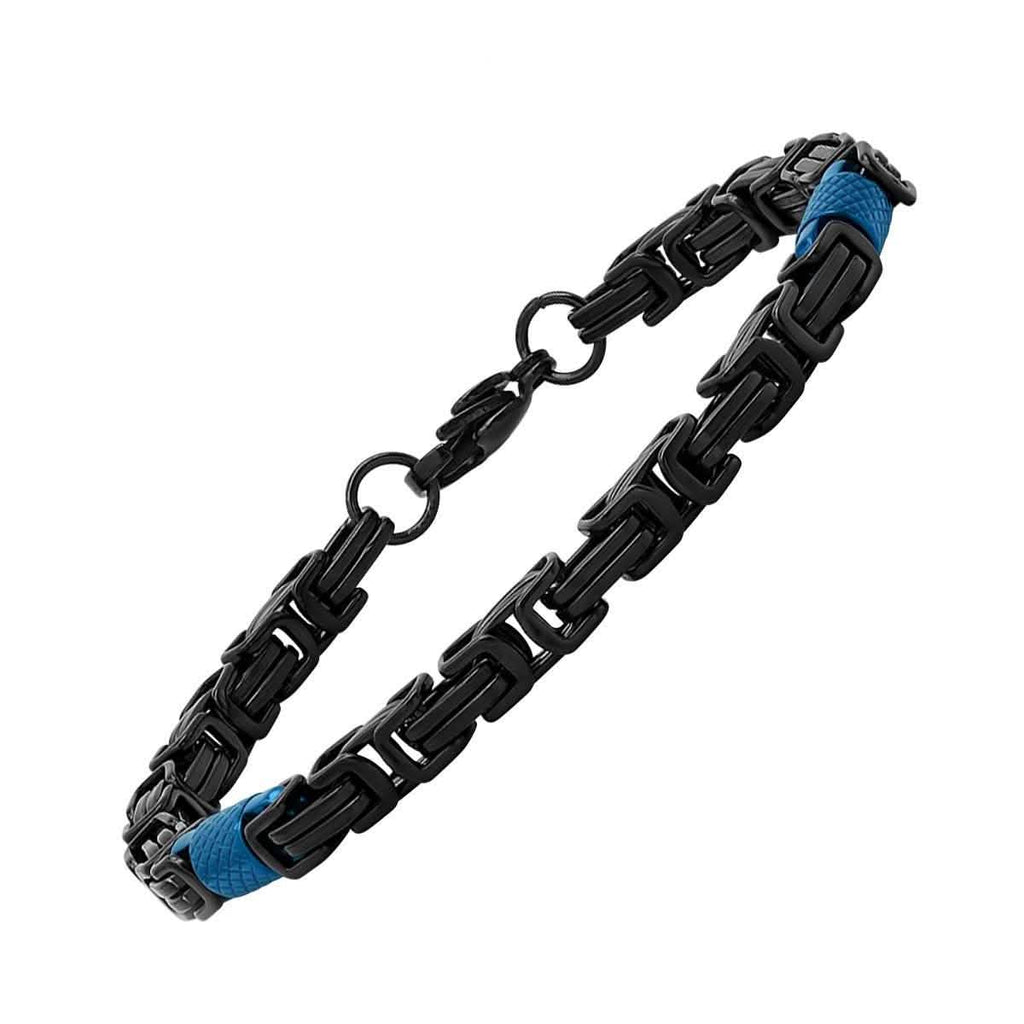 2-Piece Set: Two Tone Black and Blue Byzantine Mens Bracelet and Necklace