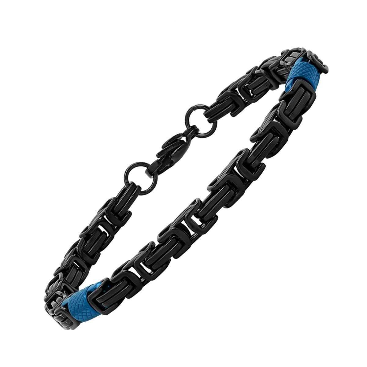 2-Piece Set: Two Tone Black and Blue Byzantine Mens Bracelet and Necklace