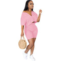2-Piece Set: Women Solid Color Short Sleeves Zipper Casual Jumpsuit Outfits