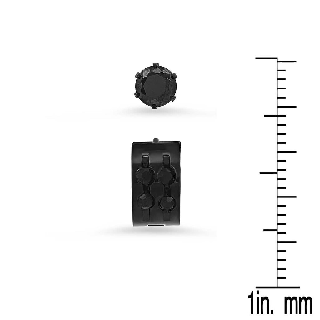 2-Piece: Unisex Black Ip Simulated Black Diamonds Studs And Diamond Cut Huggies Earrings