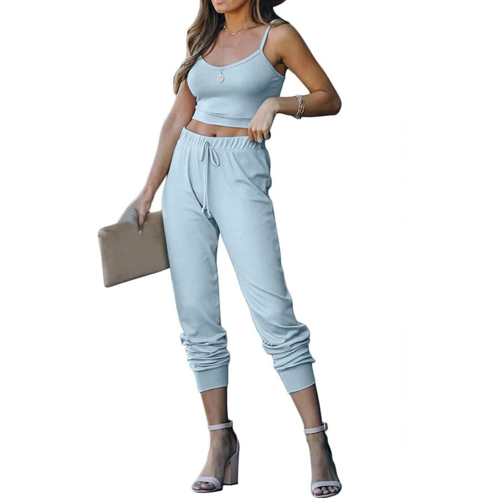 2-Piece: Women's Casual Outfit Ribbed Spaghetti Strap Top Ankle Length Joggers Sets