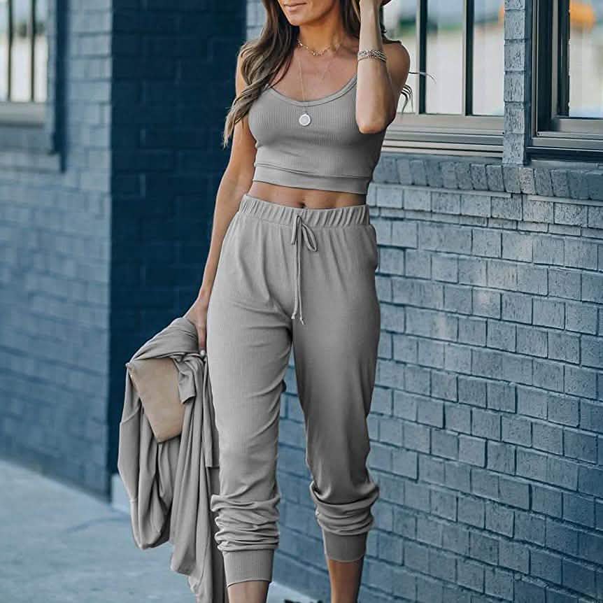 2-Piece: Women's Casual Outfit Ribbed Spaghetti Strap Top Ankle Length Joggers Sets