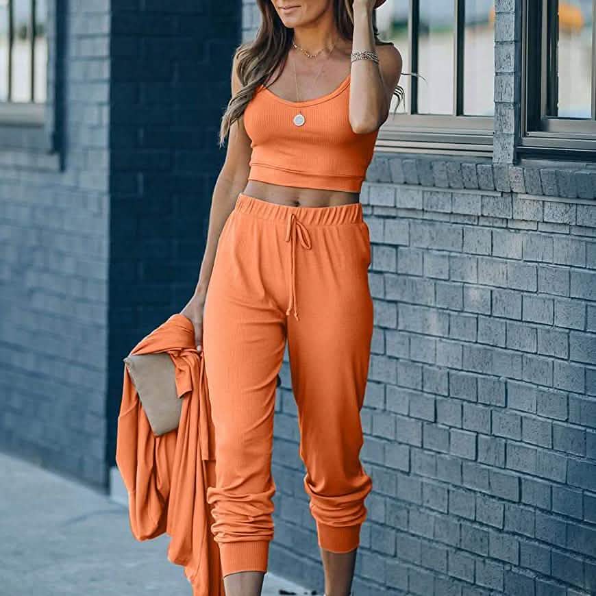 2-Piece: Women's Casual Outfit Ribbed Spaghetti Strap Top Ankle Length Joggers Sets