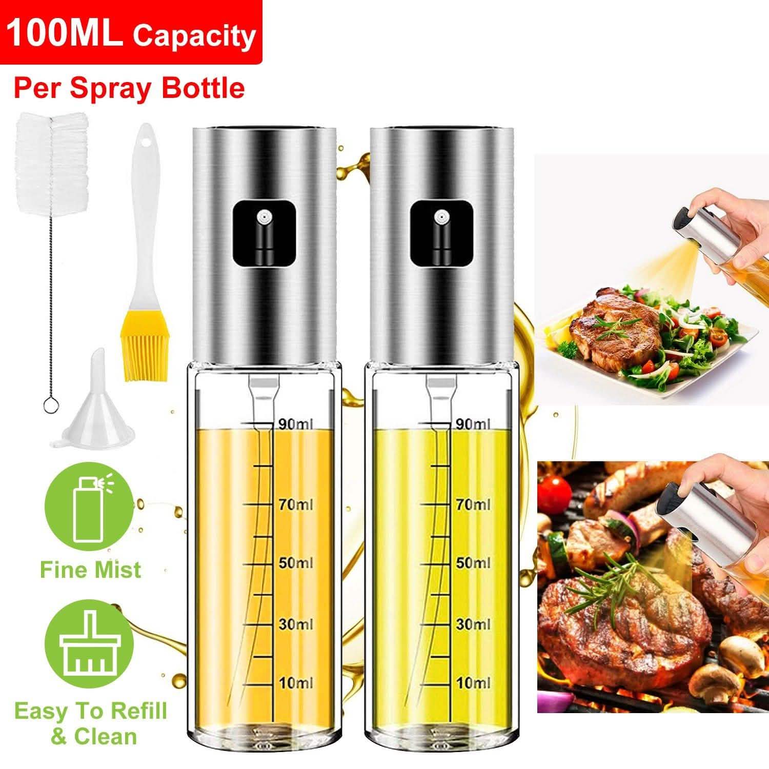 2-Pieces: Oil Dispenser Mister Refillable Stainless Steel Glass Vinegar with Measurement Oil Control Diet