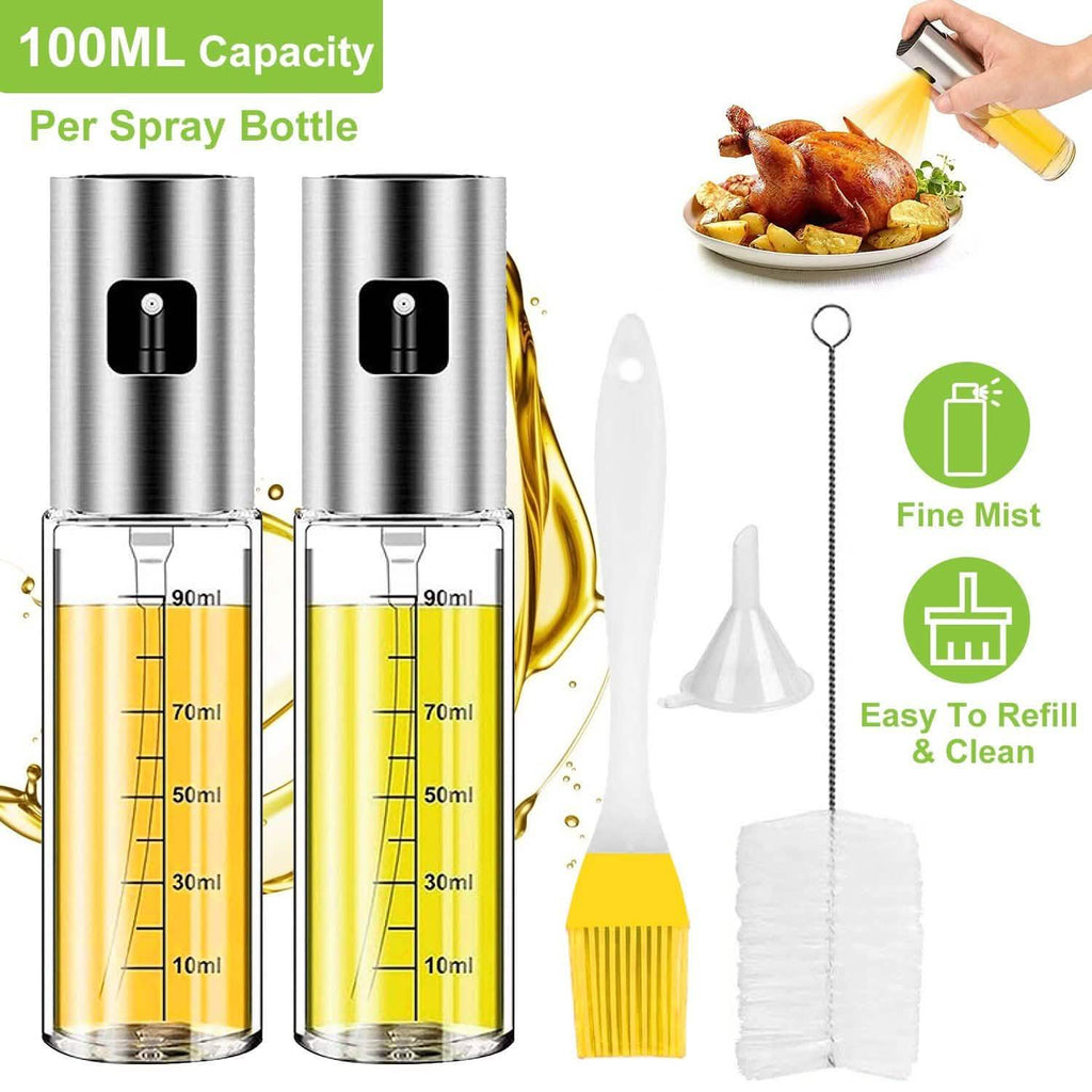 2-Pieces: Oil Dispenser Mister Refillable Stainless Steel Glass Vinegar with Measurement Oil Control Diet