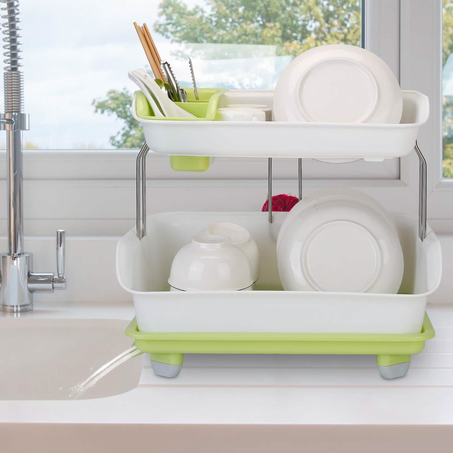 2-Tier Dish Drying Rack Cutlery Drainer