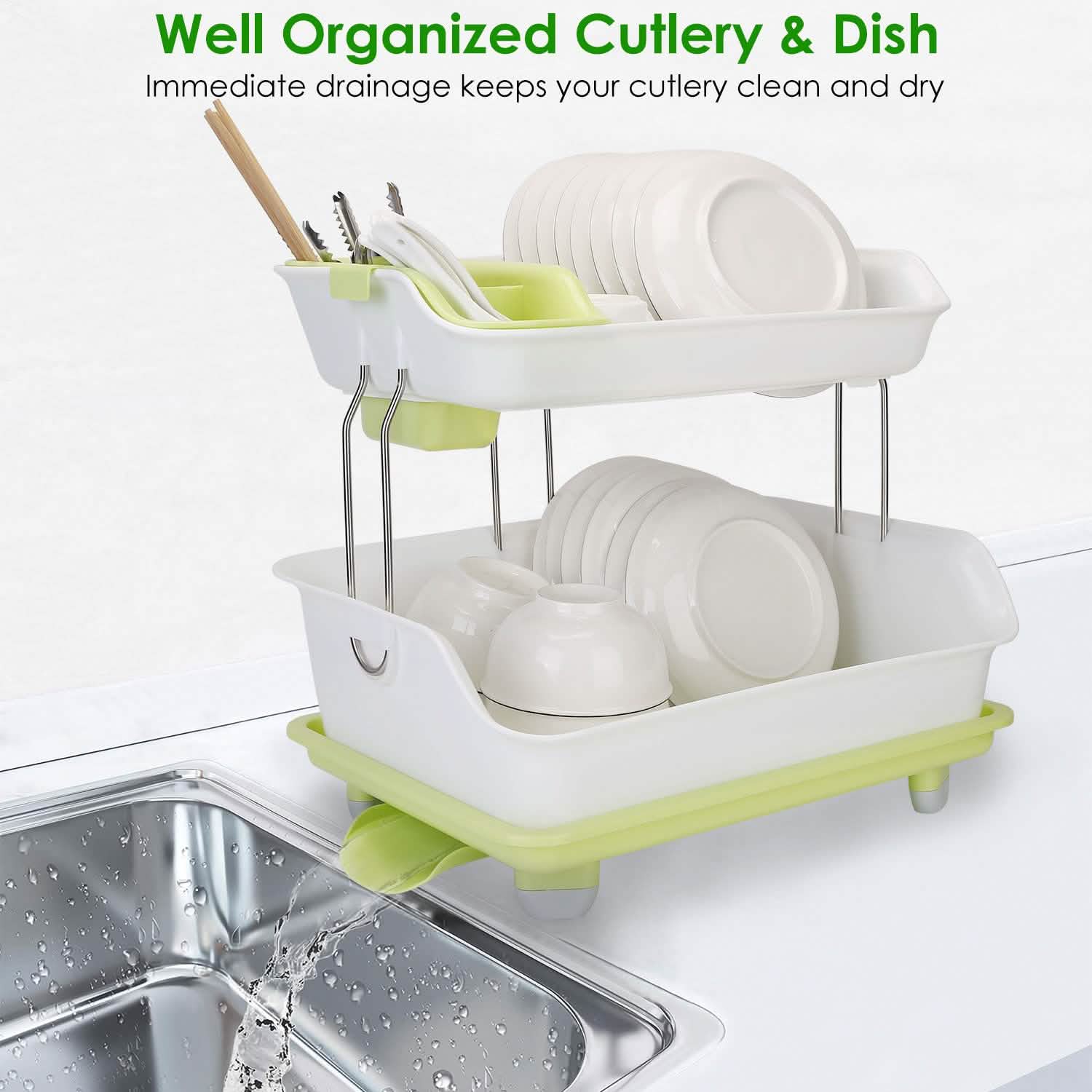 2-Tier Dish Drying Rack Cutlery Drainer