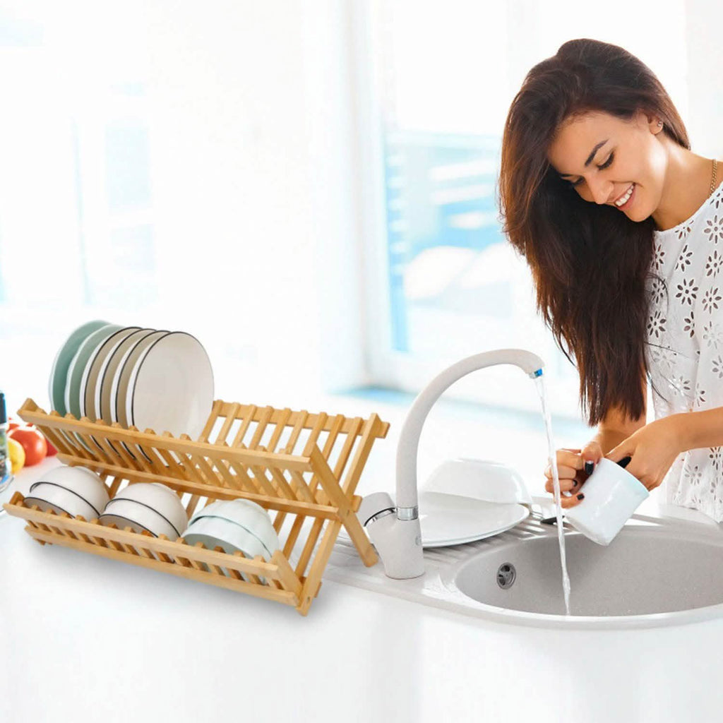 2-Tier Foldable Bamboo Dish Drying Rack