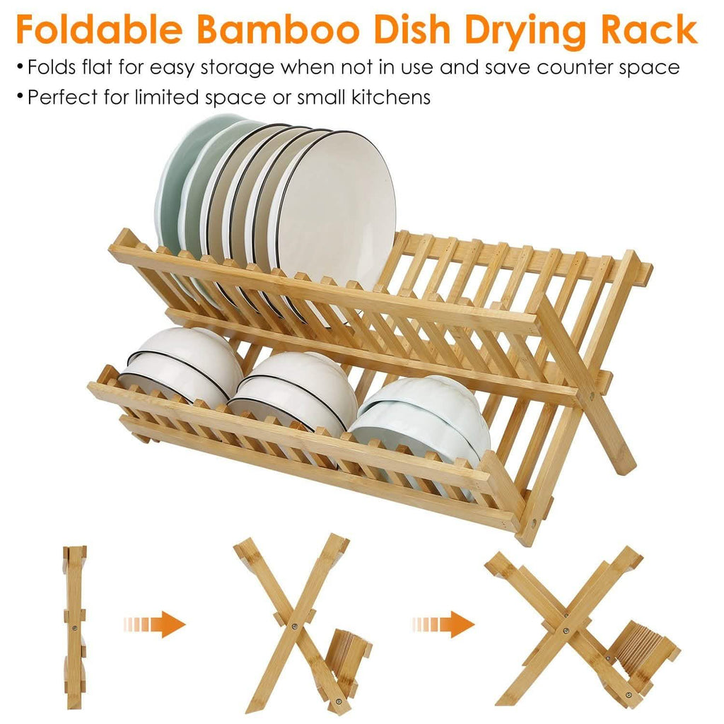 2-Tier Foldable Bamboo Dish Drying Rack