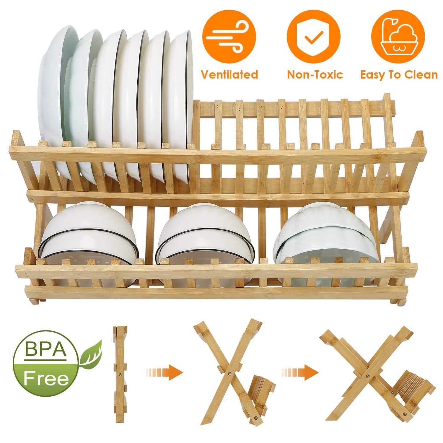2-Tier Foldable Bamboo Dish Drying Rack